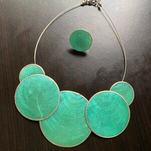 Metallic Turquoise Shell Jewelry, Necklace & Ring set, Silver
